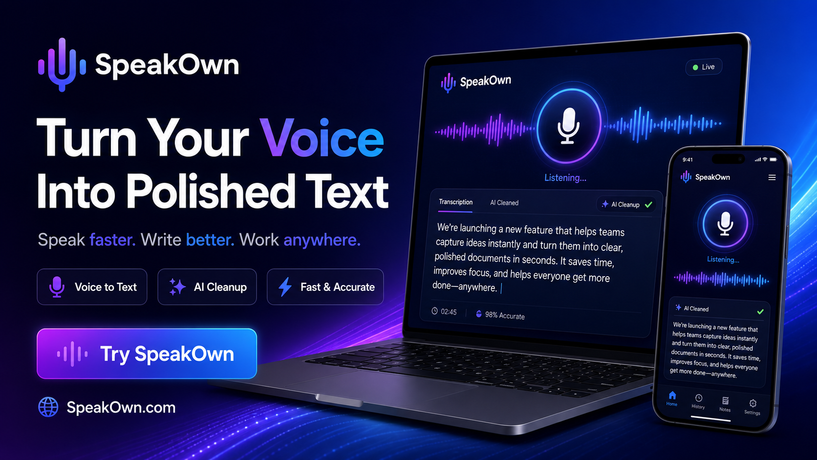 SpeakOwn turning spoken words into cleaned-up text on desktop and mobile